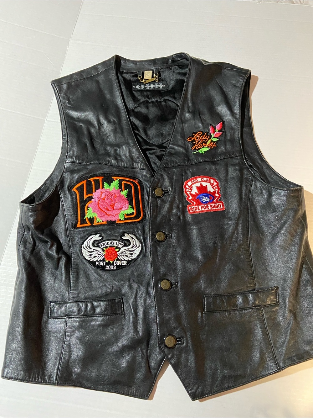 Vintage The Old Hide House Leather Vest with Applied Harley-Davidson Patches